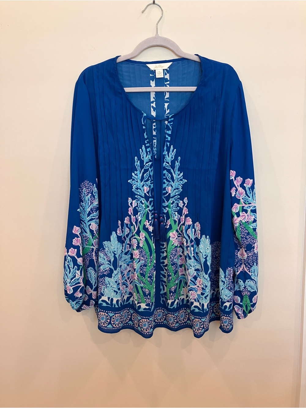 Lilly Pulitzer Blue Printed Peasant Blouse with Tie Neck